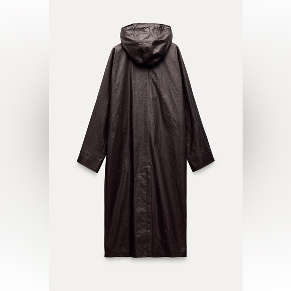 Zara Long Brown Burgundy Light Jacket High collar Drawstring Hood size XS-S NWT - Picture 7 of 16